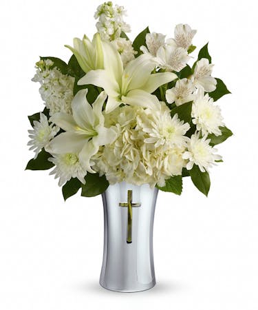 Shining Spirit Bouquet - White Sympathy Flowers in a Vase with Cross