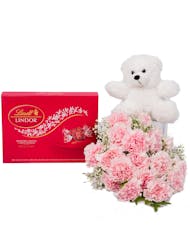 Pink Carnations, Chocolates & Teddy Bear