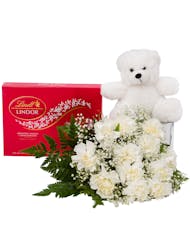 White Carnations, Chocolates, Teddy Bear